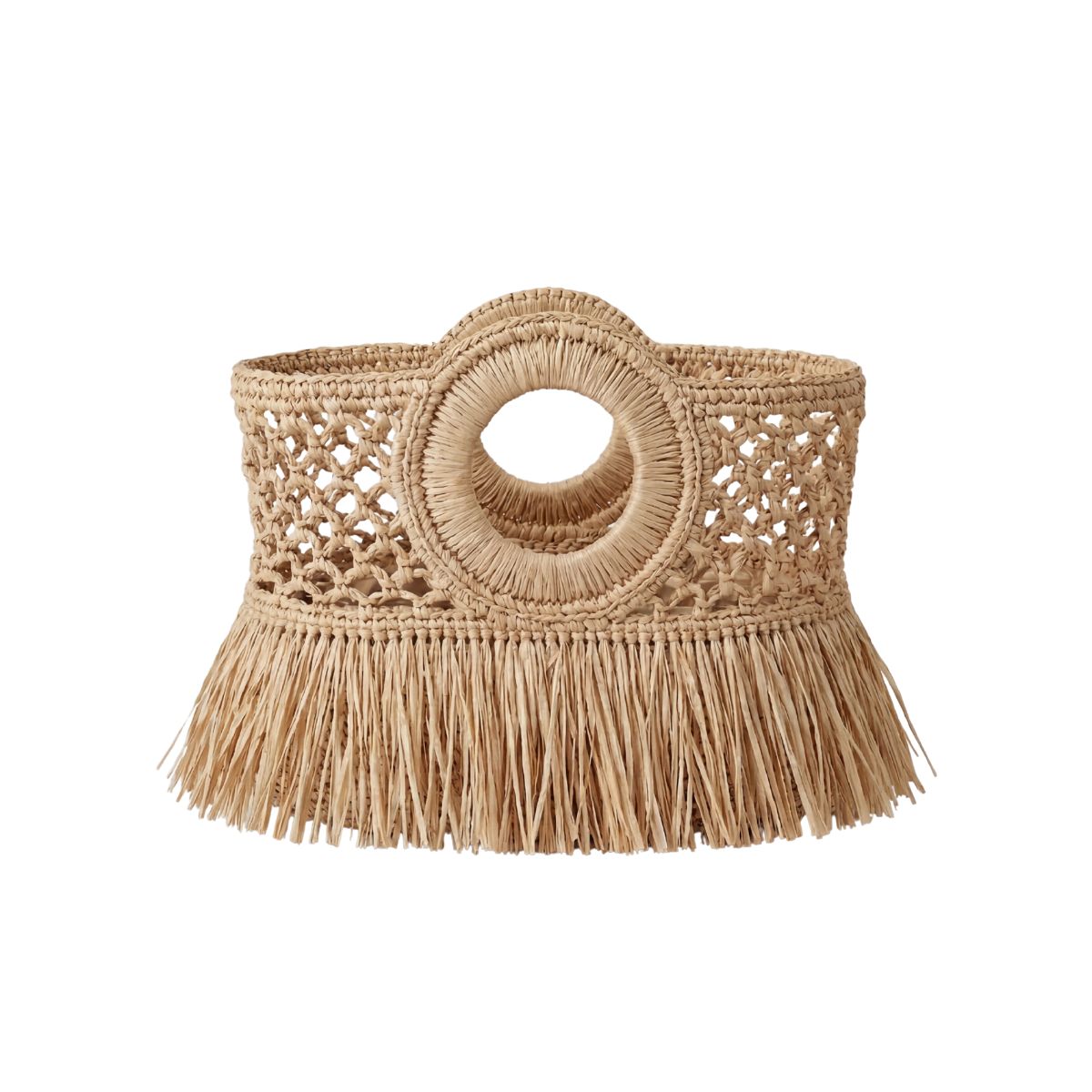 FELUS ION Micro Fringe handwoven raffia bag, styled