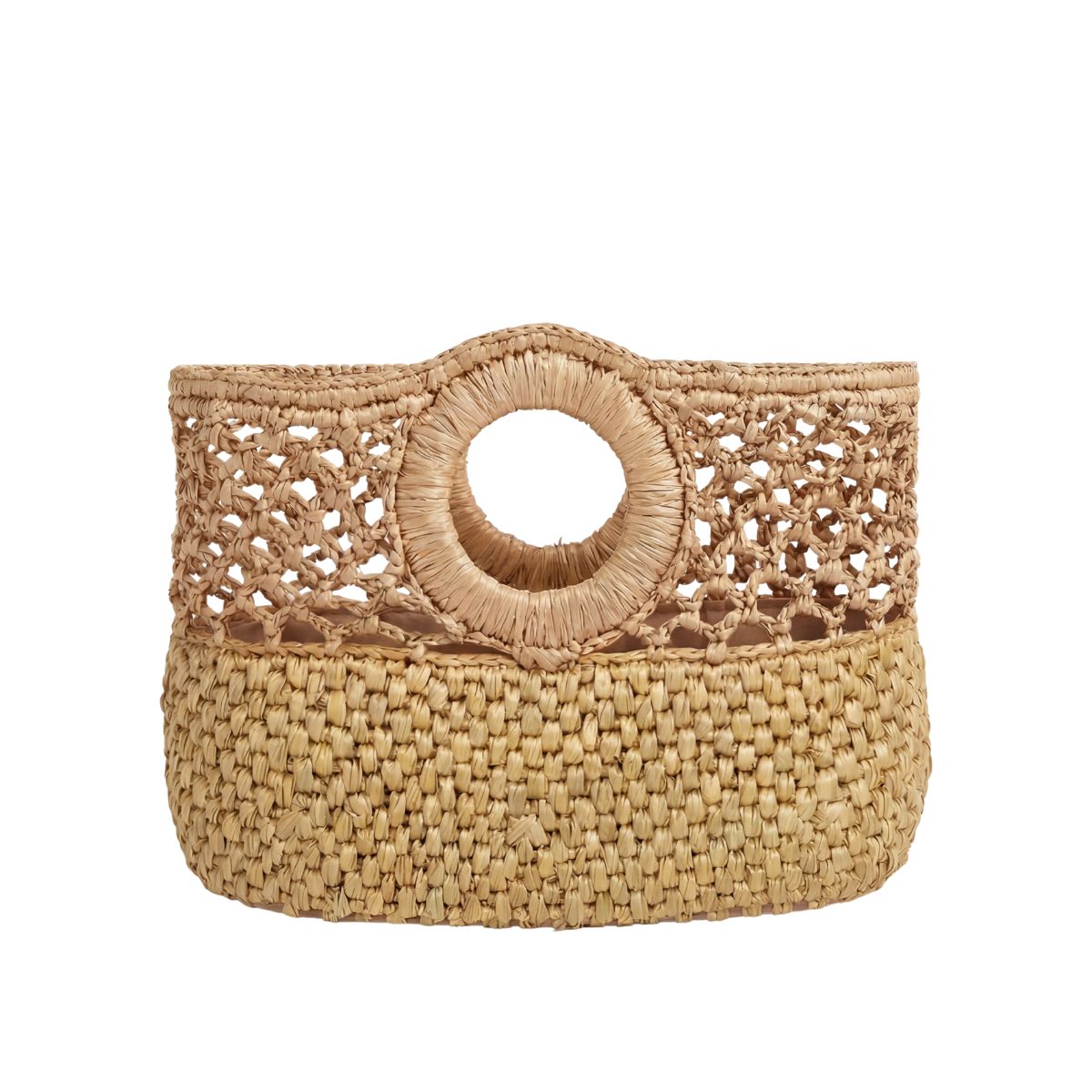 FELUS ION Micro handwoven raffia evening bag, woven texture close-up