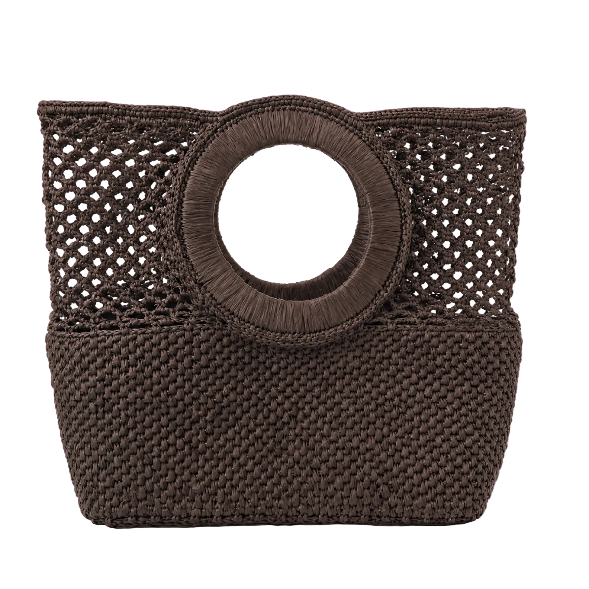 FELUS ION Medium handwoven raffia bag, side profile showing its depth