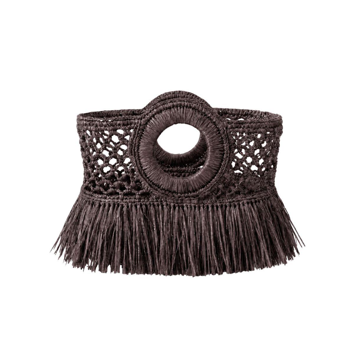 FELUS ION Micro Fringe raffia bag, woven texture close-up