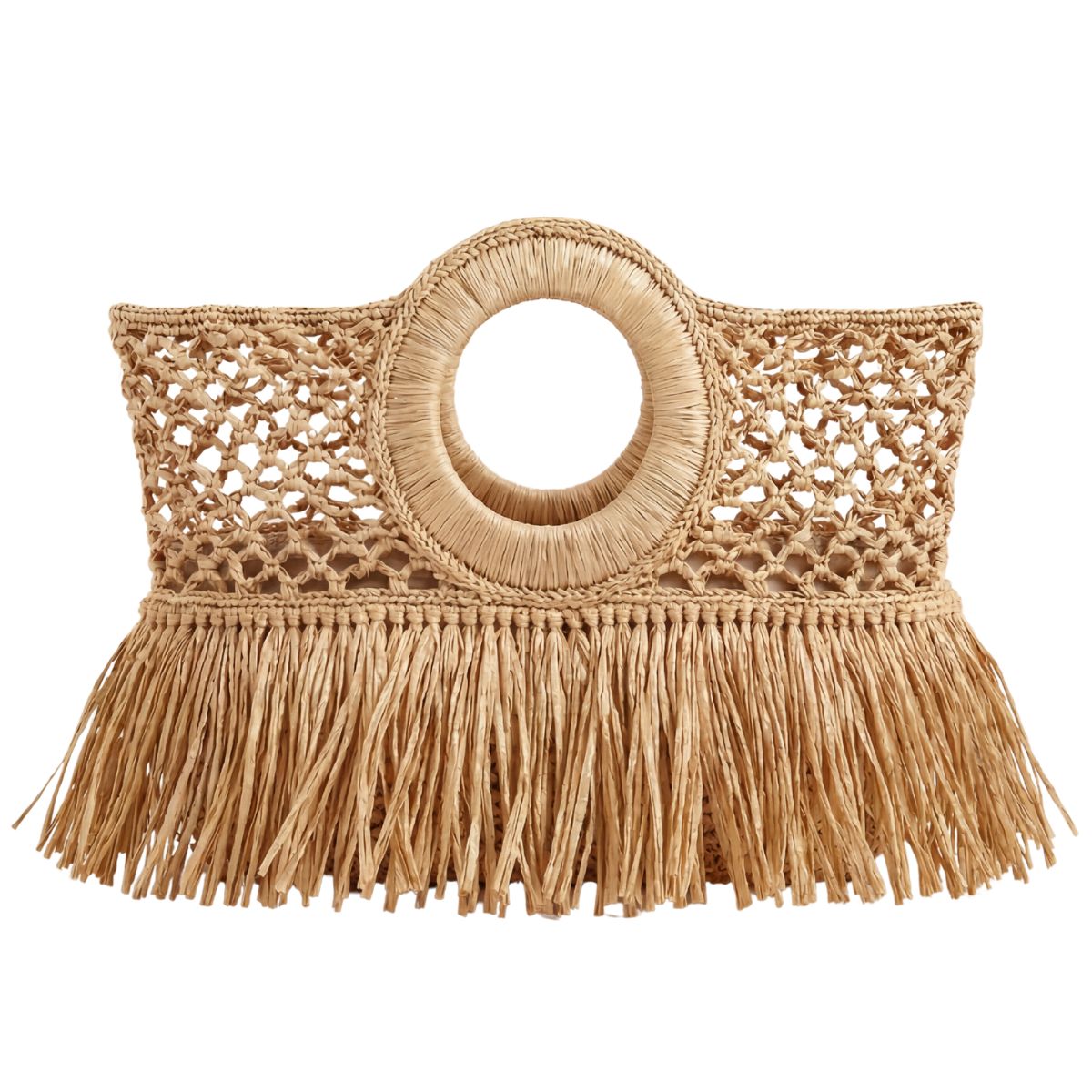 FELUS ION East West Fringe raffia bag, woven texture close-up
