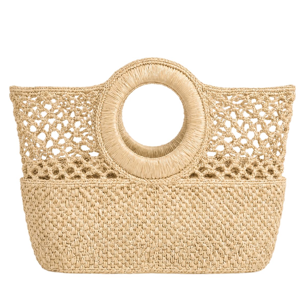 FELUS ION East West handwoven raffia bag, leather-finished detail