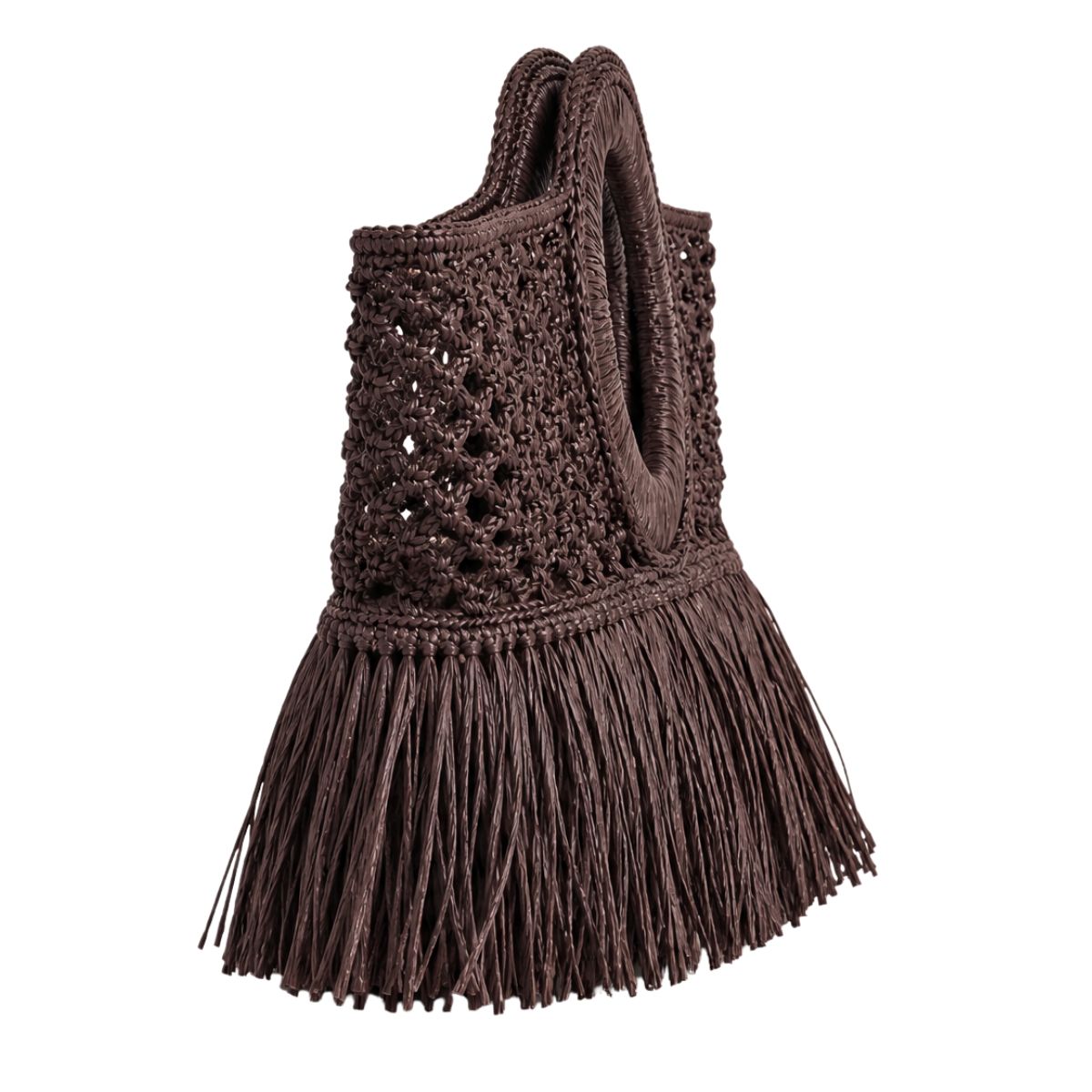 FELUS ION East West Fringe handwoven raffia bag, wide silhouette