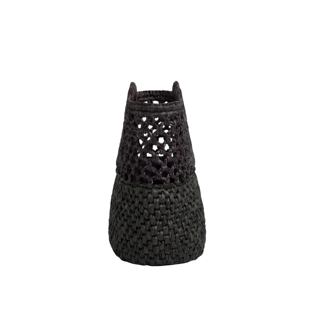 FELUS ION Micro handwoven raffia evening bag in black, leather-finished detail