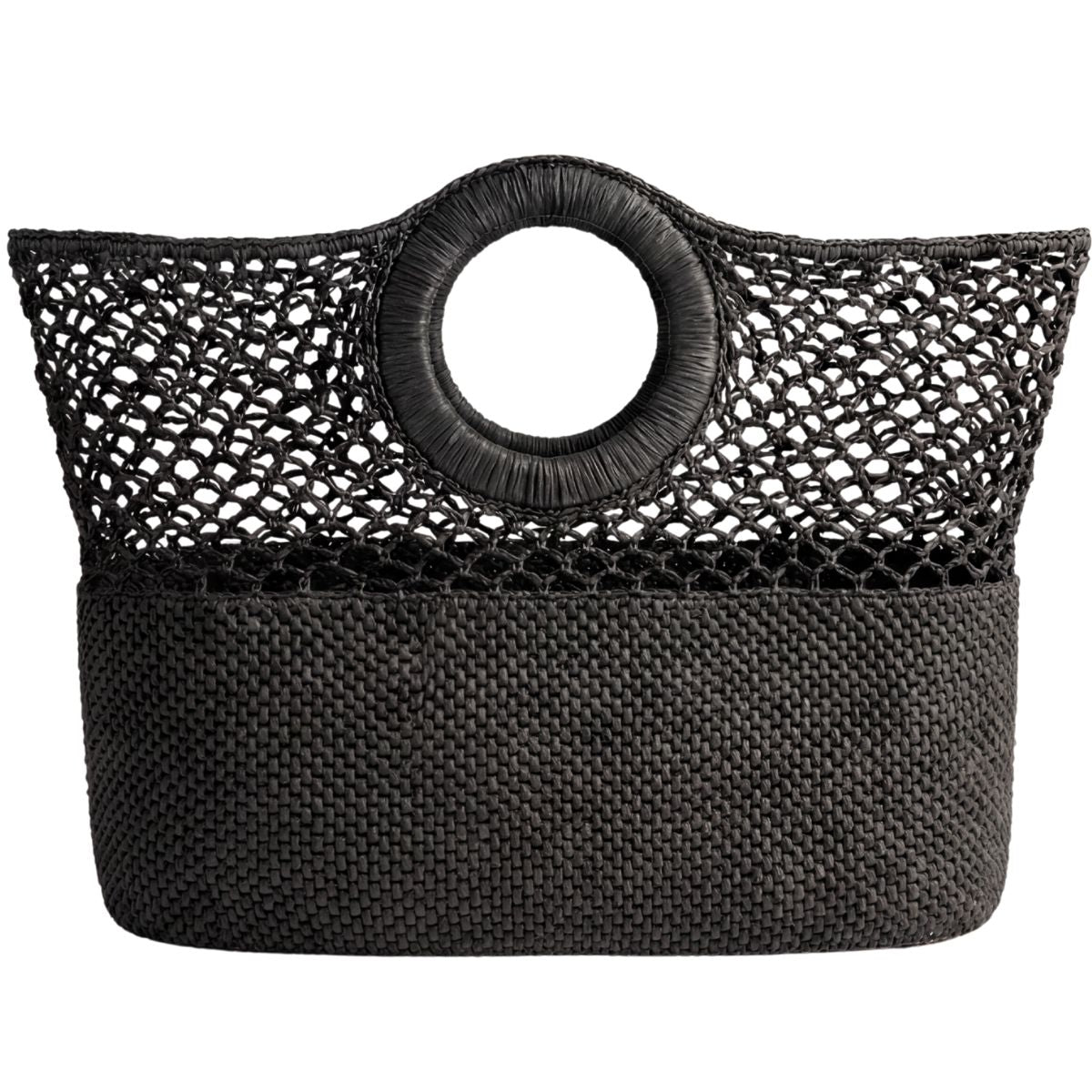 Black woven handbag with circular handle on a white background