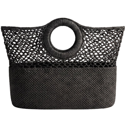 Black woven handbag with circular handle on a white background