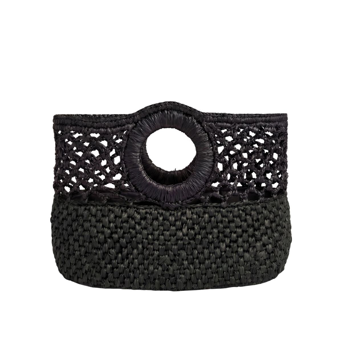 Black woven handbag with circular handle on a white background