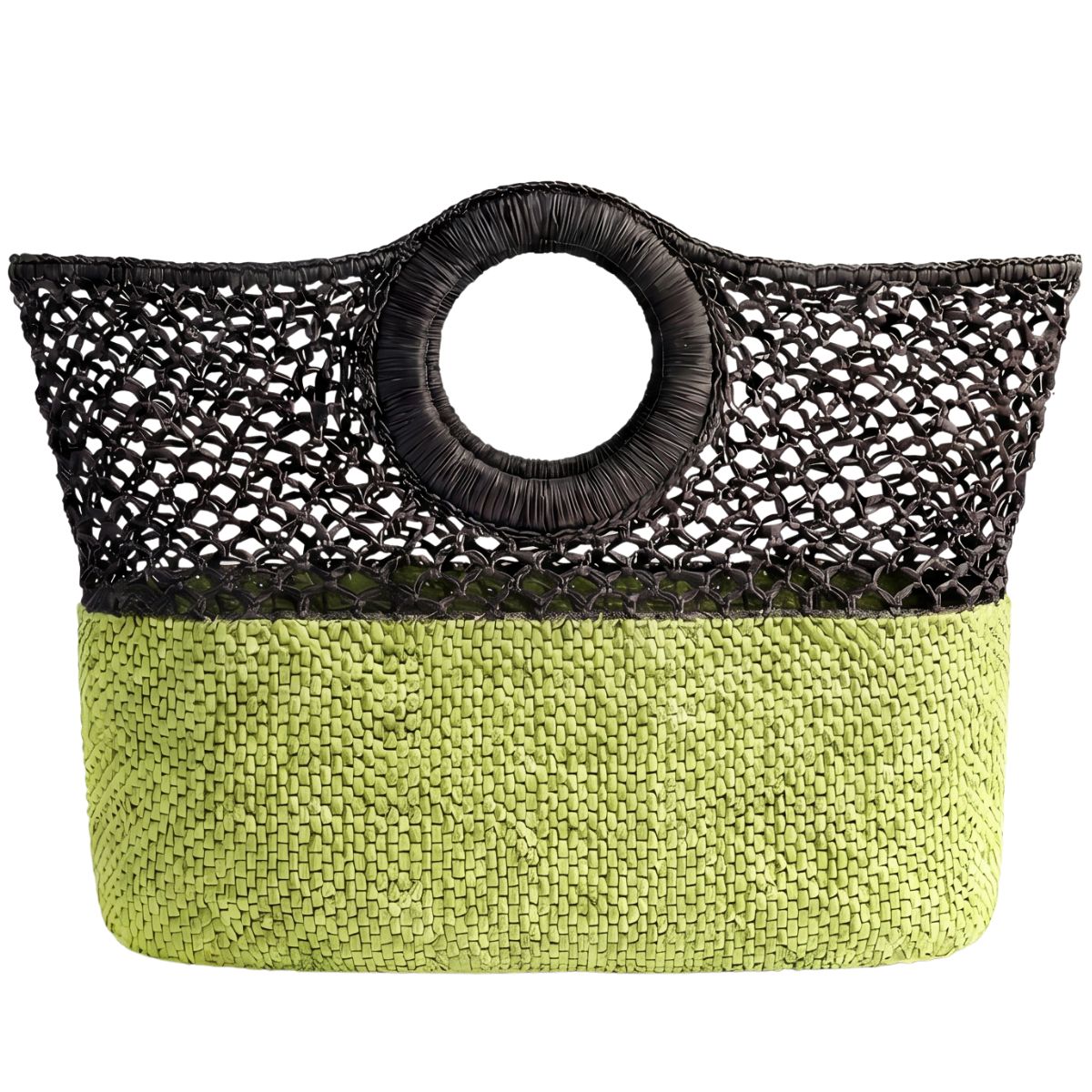 Woven bag with black top section and green bottom section on a white background