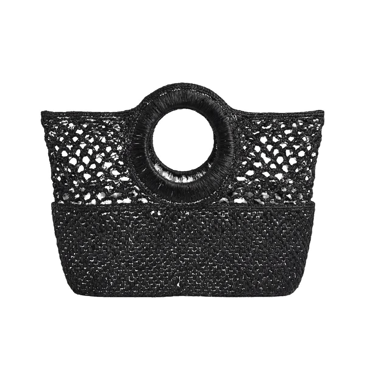 FELUS ION East West handwoven raffia bag in black, with a genuine leather bottom